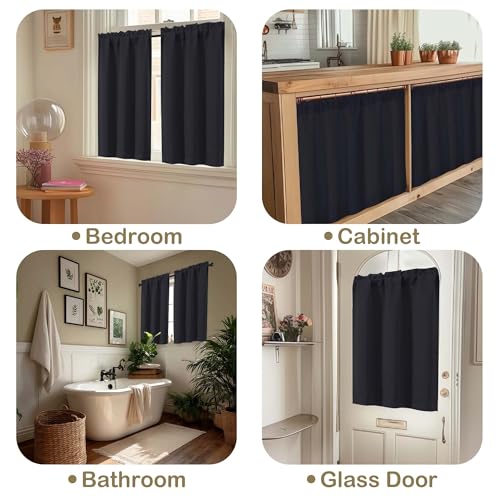 Image of Black Blackout Curtains for Small Window Treatment, Light Blocking Short Kitchen Window Curtains Over Sink, Dual Rod Pocket Half Window Tiers for Bathroom Basement, Each 40 inch Wx36 L, 2 PCS