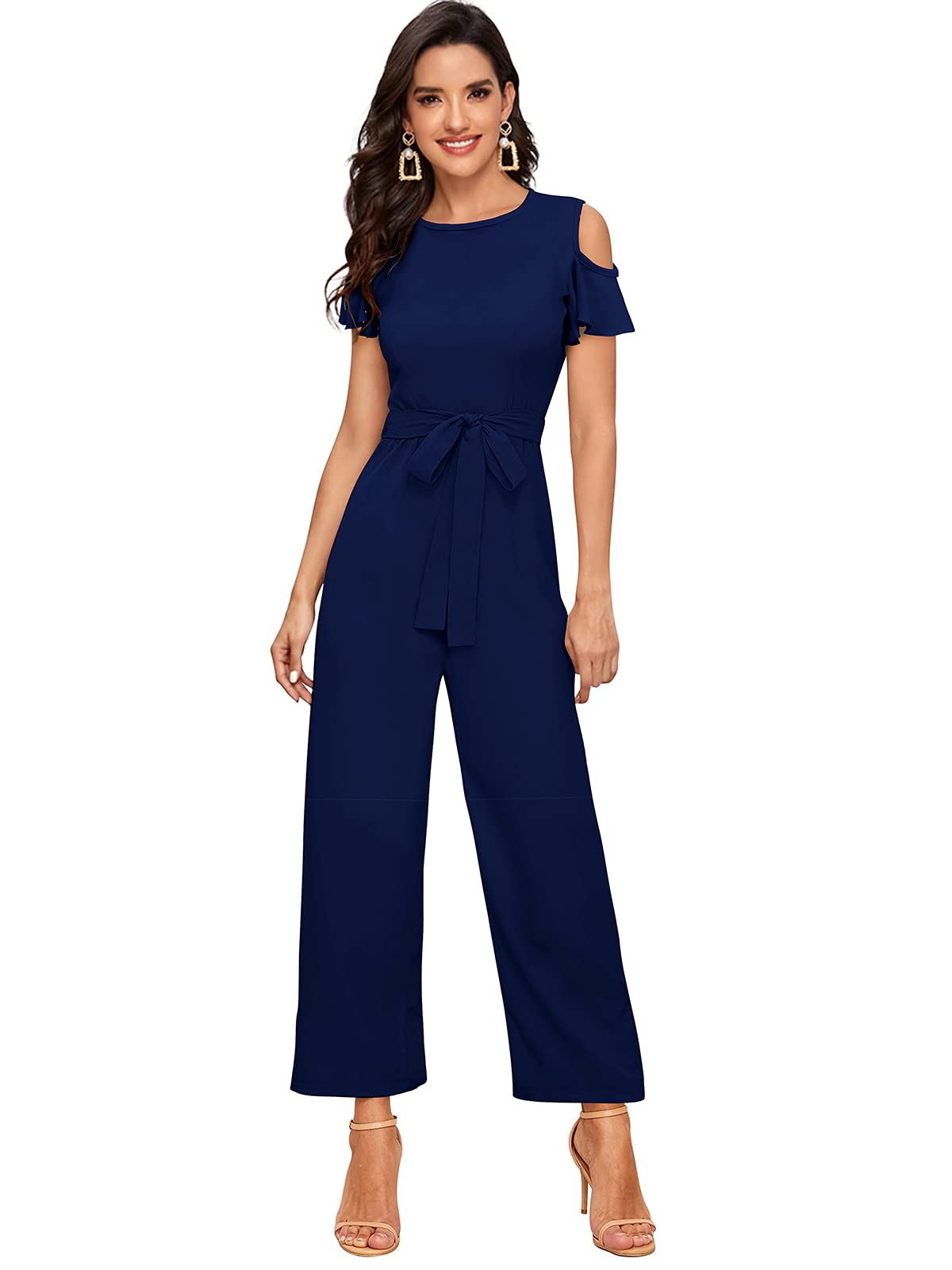 Women's Elegant Maxi Jumpsuit with Round Neckline, Short Sleeves, Flared Hem, Adjustable Waist Tie, Comfortable and Stylish Outfit for Casual and Semi-Formal Wear