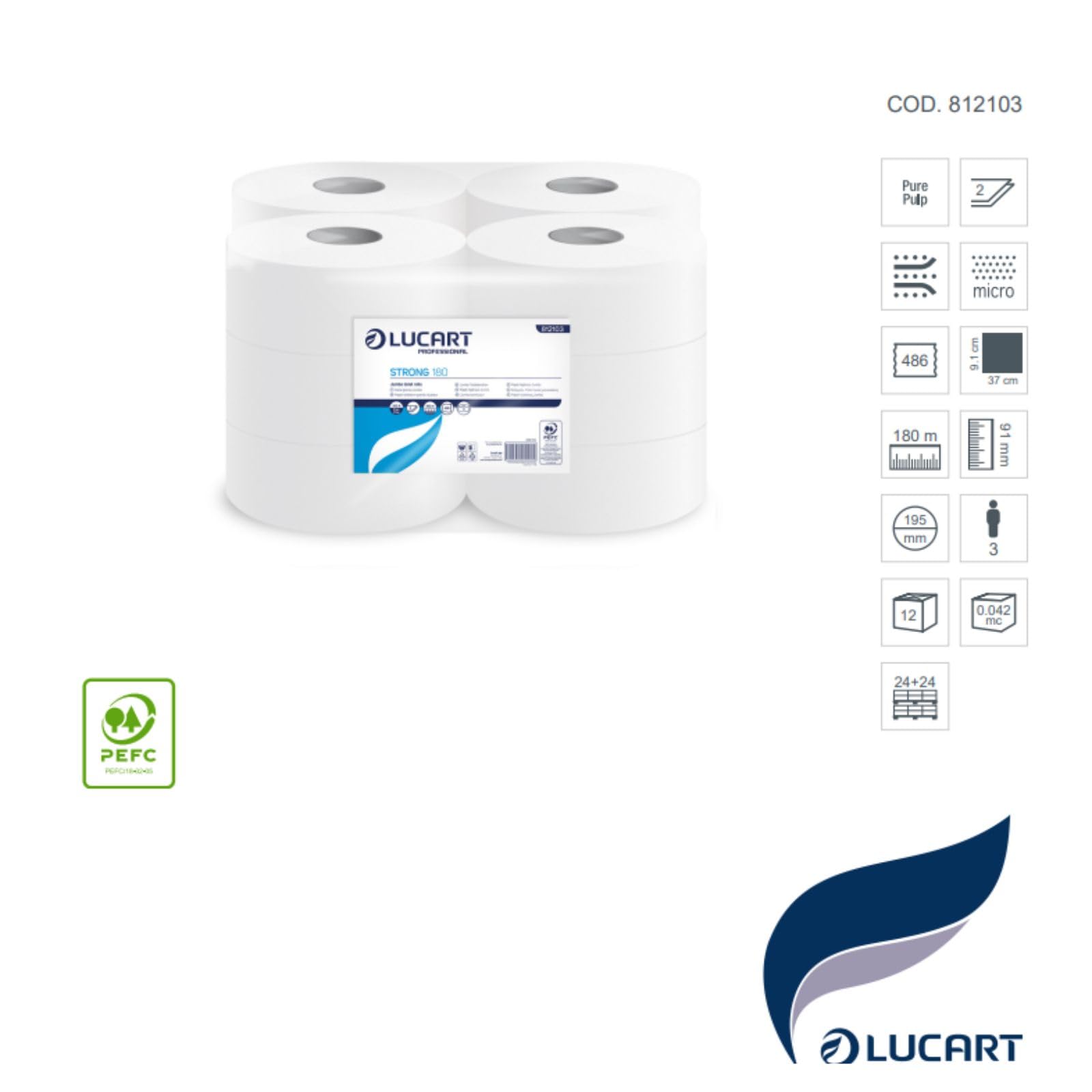 Papier toilette pure cellulose Mini Jumbo Lucart - 2 plis - 486 déchirures - 812103 (conf.12)