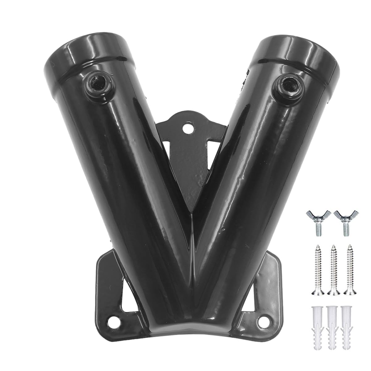 DUZEPA Double Flag Pole Bracket, V-Shape Premium Aluminum Alloy Heavy Duty Double Slot Flagpole Holder Mounting Carrier (Black)