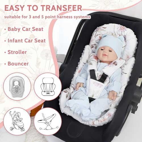 Image of Infant Car Seat Insert and Strap Covers, Very Soft Car Seat Head Support Baby Girl Boy, Reversible Newborn Carseat Insert Cushion Fits for Stroller, Baby Swing, Bouncer (White Flower)