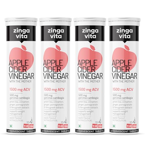 Image of Zingavita Apple Cider Vinegar 1500mg Tablet for Weight Management, With Garcinia, Green Tea, Fenugreek, Cinnamon, Vitamin C, B12 & B6, No Added Sugar - Pack of 4