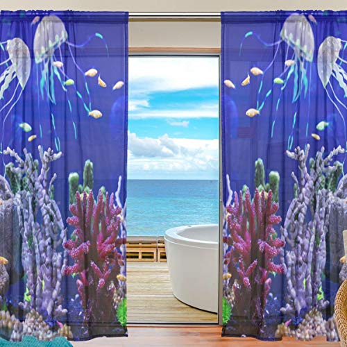 55x84 Pulgadas 2 Paneles Cortinas para el hogar Dormitorio Decoración de la Sala Jefes Retro Tulle Print Semi Sheer Cortina de Ventana Coral Jellyfish Sea Ocean Cortina Transparente