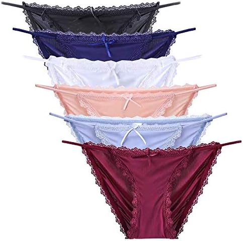 Nightaste Women Sexy Lace Silky String Bikini Panties Pack of 6pcs Comfort Cheeky Underwear Briefs (US(4-6), 6Colors(Ice Silk))