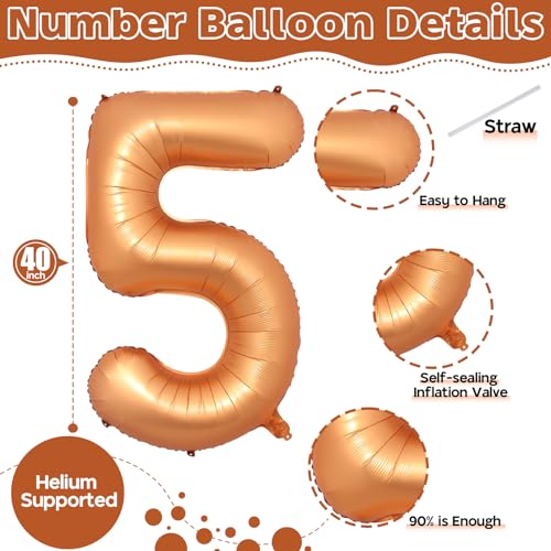 Image of 40 Inch Number 5 Balloon, Big Foil Self Inflating 5th Birthday Number Balloons Orange Decor, 0-9 Set Helium Ballons for Girls Kids Birthday Party Anniversary Celebration Party Decorations Supplies
