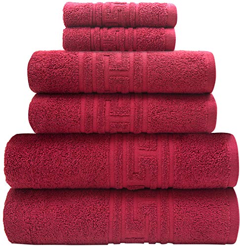 Ensemble de bain 6 pièces - 2 serviettes de bain, 2 serviettes de toilette et 2 serviettes pour le visage - 100 % coton - 520 g/m² - Bordure clé grecque - Doux, absorbant et léger (rouge) Cover
