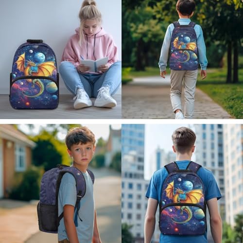 School Backpack for Boys, 4Pcs Personalized Dragon Backpack Set, Kids Bookbag for Kindergarten/Elementary/Preschool, Moon 17" School Bag with Lunch Box Pencil Case Keychain3