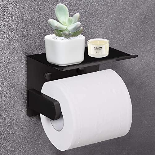 Yearonan Toilettenpapierhalter Ohne Bohren mit Ablage Selbstklebende Klopapierhalter Matt-Schwarz SUS 304 Edelstahl WC Rollenhalter für Badezimmer Wandmontage Papier Halterung Cover