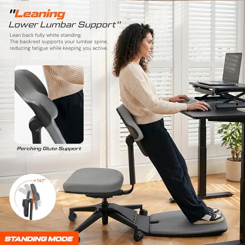 Image of DROGO Stance 5-in-1 Standing Mate Chair, Ergonomic Office Chair for Standing Desk | Sit-Stand-Leaning Perch Chair with Anti-Fatigue Mat | Flip Backrest, Adjustable & Dynamic Posture Support(LightGrey)
