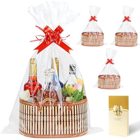 3 Set Baskets for Gifts Empty, Large Woven Bamboo Gift Basket Kit with Handles, Sturdy Empty Gift Baskets to Fill for Baby Shower, Birthday Party Wrapping Gift -3 Cellophane Wrap Bags,3 Gift Cards Cover