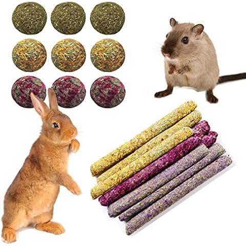 Acidea 18Pcs Hamster Chew Toys for Teeth Grinding, Natural Flowers Flavored Timothy Hay Sticks & Balls for Pet Bunny Teeth Care, Small Animal Chew Treat for Rabbit, Chinchilla, Guinea Pig, Gerbil Rat Cover