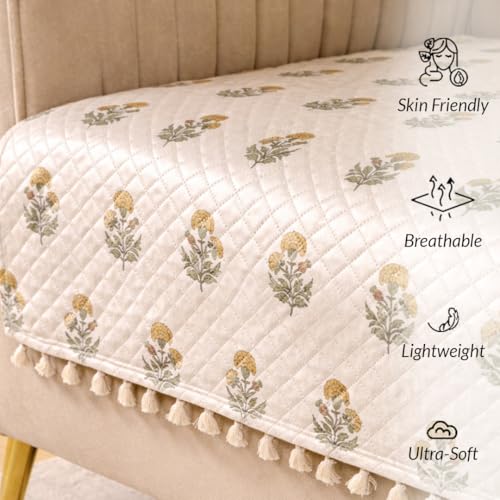 Image of HOMEMONDE 2 Seater Quilted Velvet Printed Sofa Cover with Tassels |Soft, Durable & Premium Fabric with Tassels | Sofa Cover Mats for Living Room, Bedroom & Office (76 X 122 CM, Meadow Bloom)