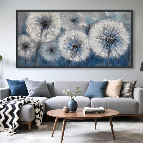 Image of Dandelion Wall Art Blue Large Picture for Living Room Canvas Art Wall Decor Above Bed White Flower Artwork for Walls Paintings Modern Art Aall Decor Framed Wall Art for Bedroom 29x58IN
