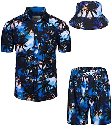 TUNEVUSE Mens Hawaiian Shirts and Shorts Set 2 Pieces Tropical Outfit Flower Print Button Down Beach Suit with Bucket Hats