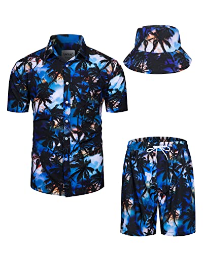 TUNEVUSE Mens Hawaiian Shirts and Shorts Set 2 Pieces Beach Outfits Flower Print Summer Tropical Suit with Bucket Hats