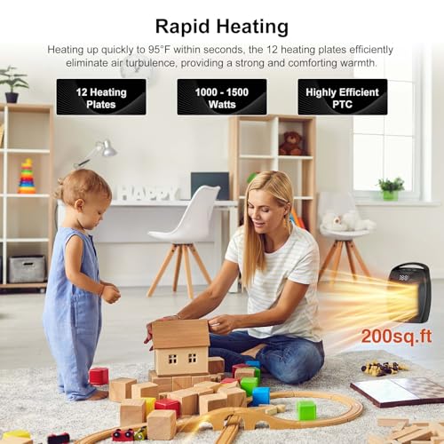 Image of Portable Ceramic Space Heater 1500W, Fast Heating, Digital Display with Touch Controls, Built-in Handle, Overheat and Tip-Over Protection, Ideal for Home, Bedroom, and Office Heating