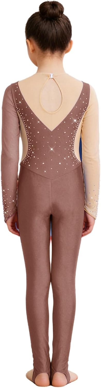 Youth Girls Yoga Unitard Workout Full Length Leotard Rhinestones Gymnastics Bodysuit Color Block Dance Jumpsuit