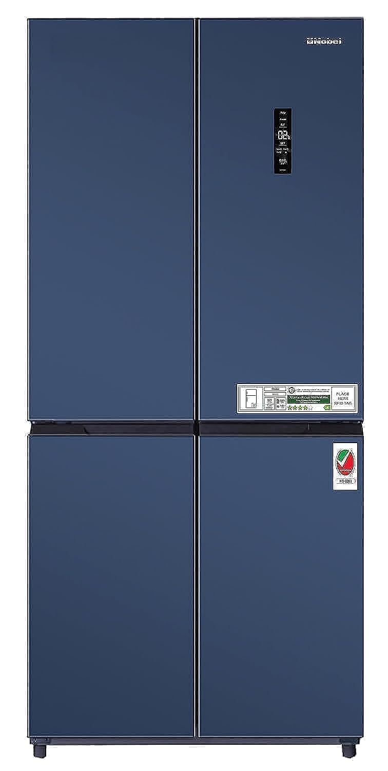 Nobel 600 Gross Ltr French Four Door Bottom Freezer Refrigerator, No Frost, Inverter, Tropical Cooling, Digital Display, R600a, 4 Star Esma, 83 x 65 x185.5 cm Blue NR640