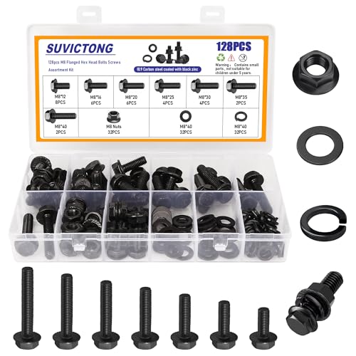 Image of 128Pcs M8 Black Flange Hex Head Bolts Assortment Kit with Serrated Flange Nuts,Washers & Lock Spring Washers,M8-1.25x12 /16 /20 /25 /30 /35 /40mm Hex Head Screw,Carbon Steel Full Thread DIN 6921