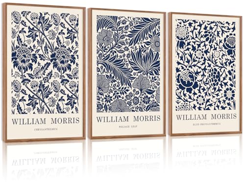 Image of LHIUEM WILLIAM MORRIS Blue and White Picture Wall Decor,Vintage Wall Art Flowers Theme,Neutral Navy Blue White Tones Framed Prints,Scandinavian Cream Canvas Decor,Boho Botanical Art for Home-16”X24”X3