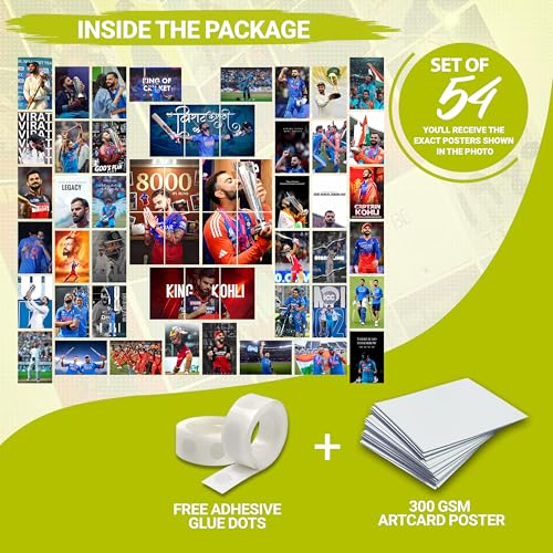 Image of MODERN GALLERY MART Pack of 54 Virat Kohli Wall Collage Kit Posters - 4 x 6 Inches Posters for Wall Decoration - Wall Art For Bedroom, Office, Living room, Dorm room - Glue Dots Included
