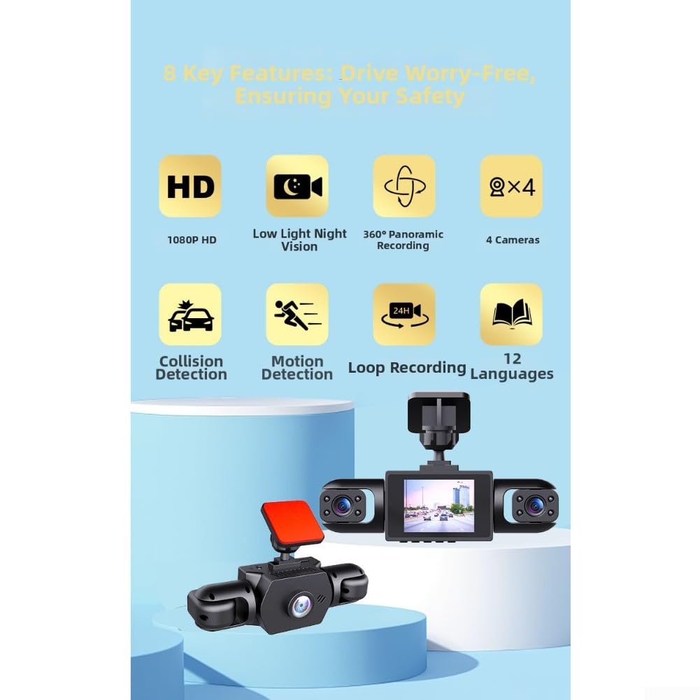 4K Dashcam 360 gradi anteriore per fotocamera laterale posteriore 4K Dashcam 360 (quattro lenti) | Visione completa a 360°, anteriore 4K + lato 1080P, riduce gli angoli ciechi, aumenta la sicurezza di guida