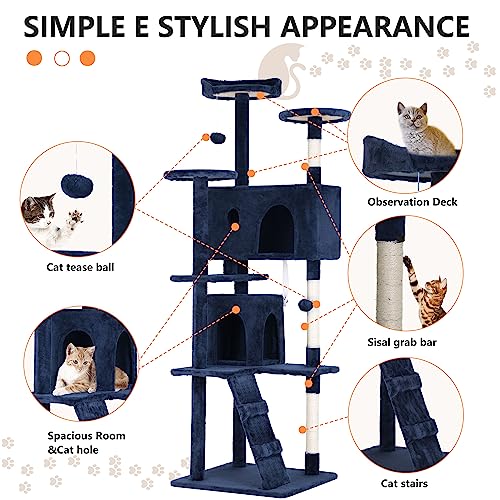 Image of BestPet | 70 inch Cat Tree Tower | Navy Blue | Sturdy Multi-Level Cat Tree