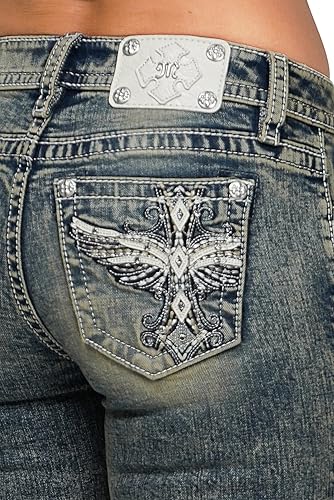Miss Me Women's Mid-Rise Lumina Winged Cross Embellished Pockets Bootcut Jeans4