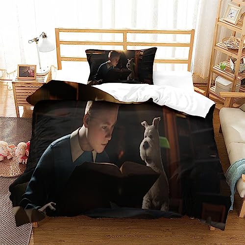 YINGD Juego de funda nórdica 3D de Las aventuras de Tintines, póster de película, juego de ropa de cama para niños, juego de ropa de cama para niños, edredón decorativo de tendencias de moda, tamaño
