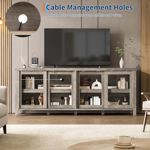 Image of 65 Inch TV Stand for Televisions Up to 70 Inches, Modern Entertainment Center with Storage, 4 Sliding Glass Doors, Mid-Century Style Media Console for Living Room,Gray