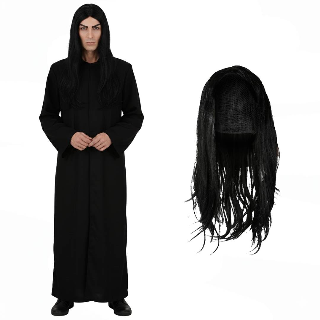 Adults Wizard Professor Costume - X-Large - Long Black Duster Jacket, Long Black Wig - Mens Magic School Teacher World Book Day Book Week Halloween Fancy Dress Costume