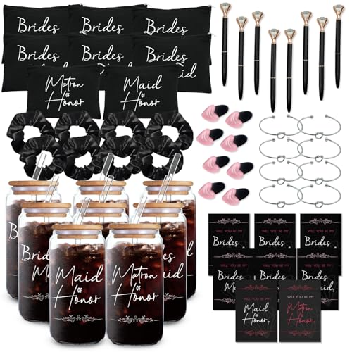 56 pcs Bridesmaid gifts bridesmaid proposal gifts, Maid of Honor Gifts contain 16oz Glass Cups Cosmetic Makeup Bags Invited Cards Scrunchies Hair Knotted Bracelets Diamond Pens love clip (Black)
