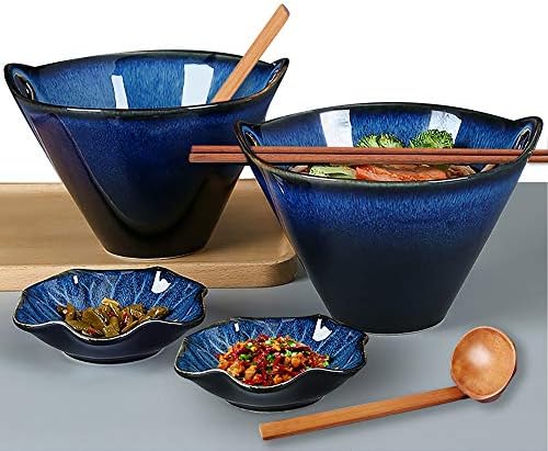 Farielyn-X Porcelain Ramen Bowls Set of 2(8 pcs), 28 Ounce Japanese Ramen Udon Noodle Miso Bowl with Chopsticks & Spoons & Dipping Dishes, Unique Reactive Glaze Bowl, Dishwasher & Microwave Safe
