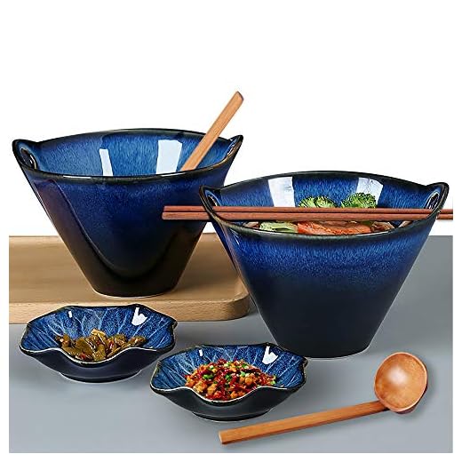 Farielyn-X Porcelain Ramen Bowls Set of 2(8 pcs), 28 Ounce Japanese Ramen Udon Noodle Miso Bowl with Chopsticks & Spoons & Dipping Dishes, Unique Reactive Glaze Bowl, Dishwasher & Microwave Safe