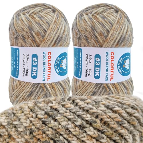 Image of 2 Pack Wool Blend Yarn, 2x3.5oz / 285yds, #3 DK, 20% Wool 80% Acrylic, Variegated, Single-Ply Soft Crochet & Knitting Wool Yarn for Sweaters, Scarves, Hats (Smoky Mirage)