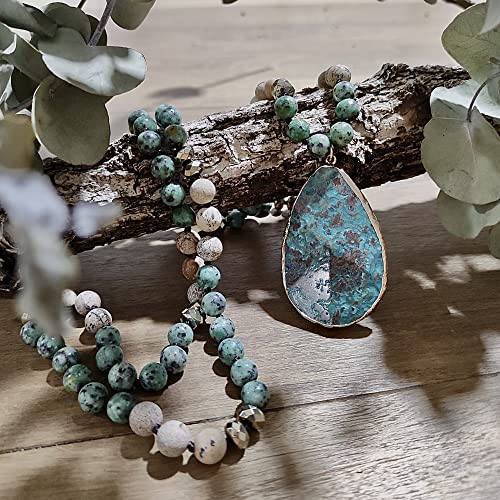 Baloola Long Genuine Stone Beads And Pendant Necklace For Woman. Hand Knotted Natural Stone Beads With Big Non-Precious Stone Statement Necklace. Handmade Boho Jewelry For Women (Turquoise Green) #TOP3