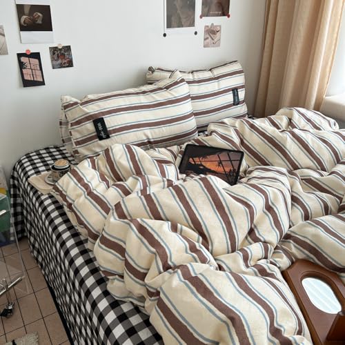Image of Striped Duvet Cover Queen Size Brown Blue Stripes Bedding Set Retro Striped Geometric Pattern Duvet Cover Set Soft Lightweight Microfiber Quilt Cover with Zipper Closure and 2 Pillowcases