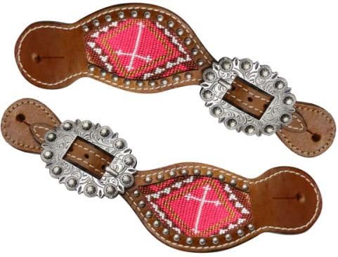 Showman Ladies Size Leather Spur Straps with Beaded Inlay with Cross