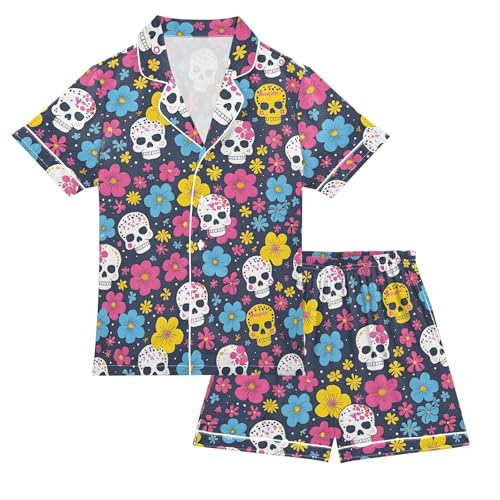 Colorful Skull Flowers Pajamas Set Summer Button Down Sleepwear Pjs Sets Comfy Loungewear