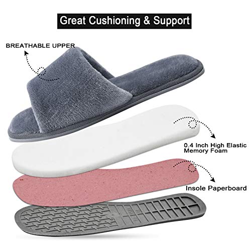 DL Open Toe Slippers for women Indoor, Cozy Memory Foam Womens House Slippers Summer Slip On, Comfy Soft Flannel Womens Bedroom Slippers Slide Breathable Size 7-8 Dark Grey4