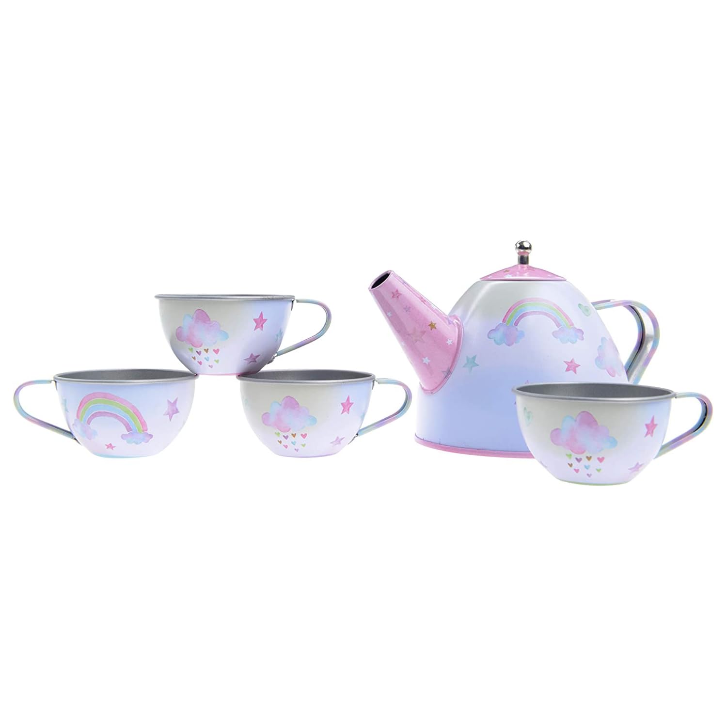 Jewelkeeper Regenbogen Einhorn Design Teeservice Set - 42-teiliges Zinn Tee Set für Kinder mit Lebensmitteln & Tragekoffer, Englisches Spielgeschirr für die Kinderküche