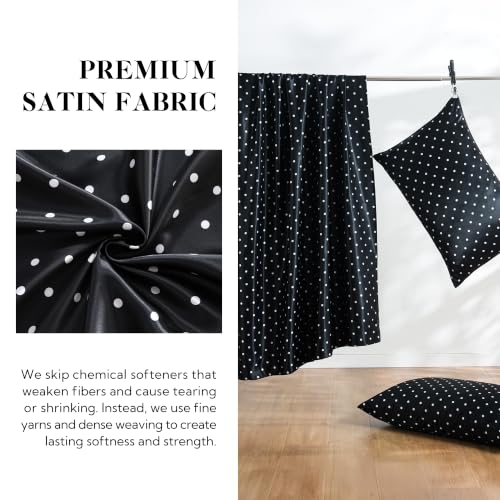 Image of MR&HM Satin Bed Sheets with Elastic Corner Straps, Queen Size Sheets Set, 4 Pcs Silky Bedding Set with 15 Inches Deep Pocket for Mattress (Queen, Polka Dot Black)