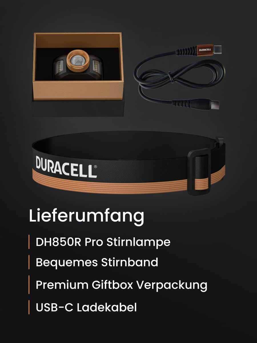 Duracell Lampada frontale a LED DH850R Pro – 850 lumen, focalizzabile, 50 m, funzione luce rossa, DualPower, USB-C ricaricabile, batteria al litio, diverse modalità di illuminazione, confezione regalo