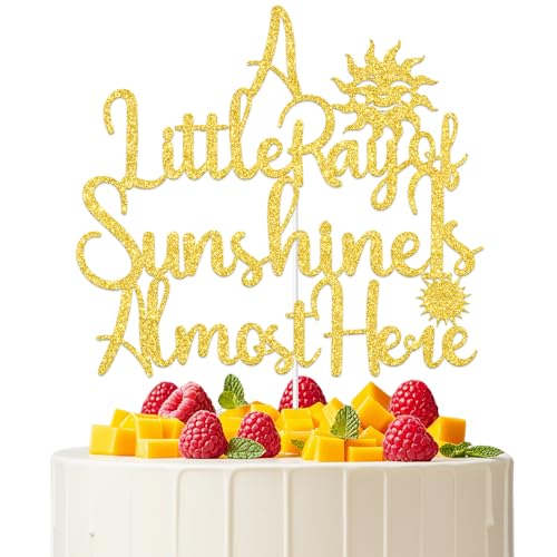 KEWUFD A Little Ray of Sunshine is Almost Here Cake Topper A Little Sunshine is on the Way Cake Decoration for Sunshine Theme Baby First Birthday/Gender Reveal Party Supplies Gold Glitter