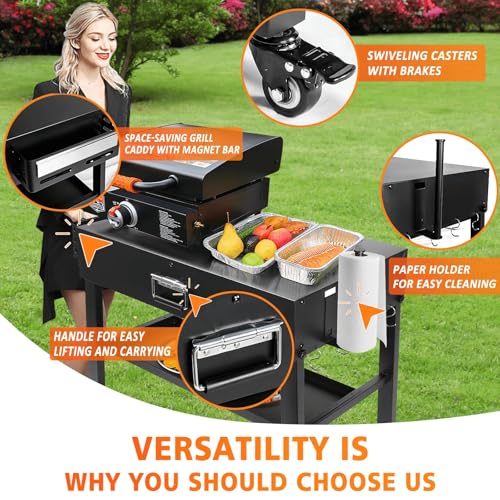 Image of Foldable Grill Cart for Blackstone 17 /22, Ninja Woodfire OG700, Ooni Pizza Oven - Portable Grill Table with Wheels, Dual-Shelf BBQ Prep Station with Caddy & Hooks, Compact Camping Griddle Stand