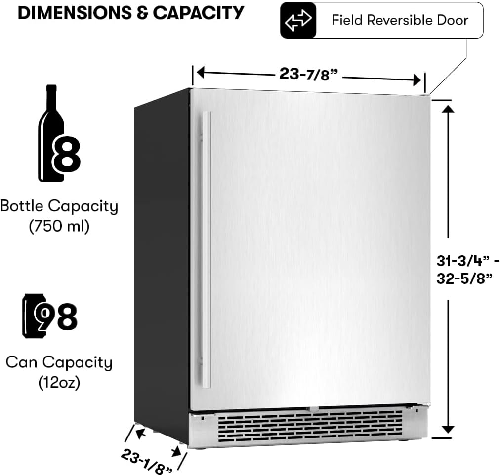 Zephyr Brisas 24" Wine Fridge & Beverage Refrigerator ADA Single Zone Under Counter - Mini Wine Cooler Cellars Small Beer Cabinet Drink Chiller Freestanding Stainless Steel Door - 8 bottles 98 cans
