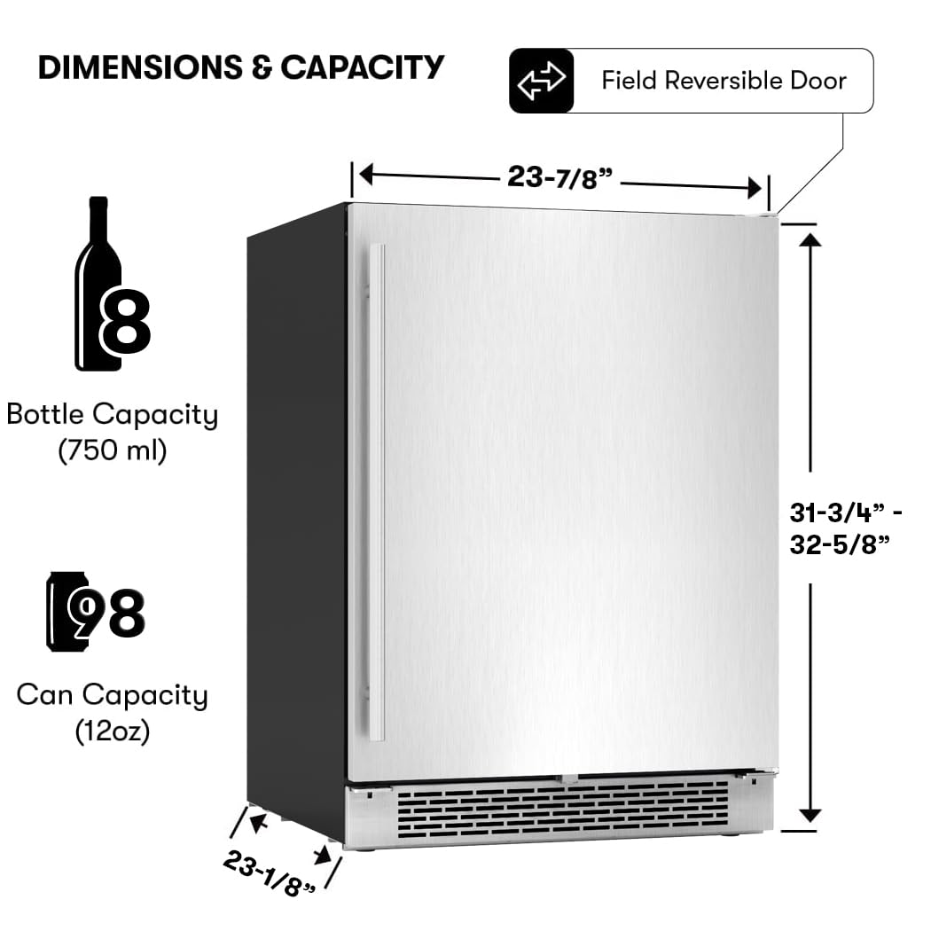Zephyr Brisas 24" Wine Fridge & Beverage Refrigerator ADA Single Zone Under Counter - Mini Wine Cooler Cellars Small Beer Cabinet Drink Chiller Freestanding Stainless Steel Door - 8 Bottles 98 Cans on Fridge.com - View 3