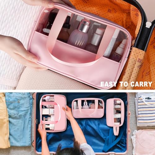 Image of KBS Toiletry Kit Cosmetic Makeup Storage Organizer Clear Styilish Wash Bag Pouch Set of 3 for Travel Luggage Transparent with Metal Zipper Gift for Men Women Girls (Pink)