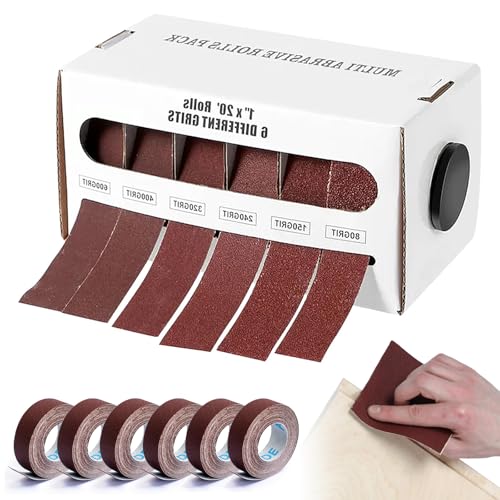 Lot de 6 rouleaux de papier abrasif - 2,5 cm x 6 m - Rouleau de papier émeri pour bois, 120, 240, 320, 400, 600, grain - Pour bois, métal, meubles