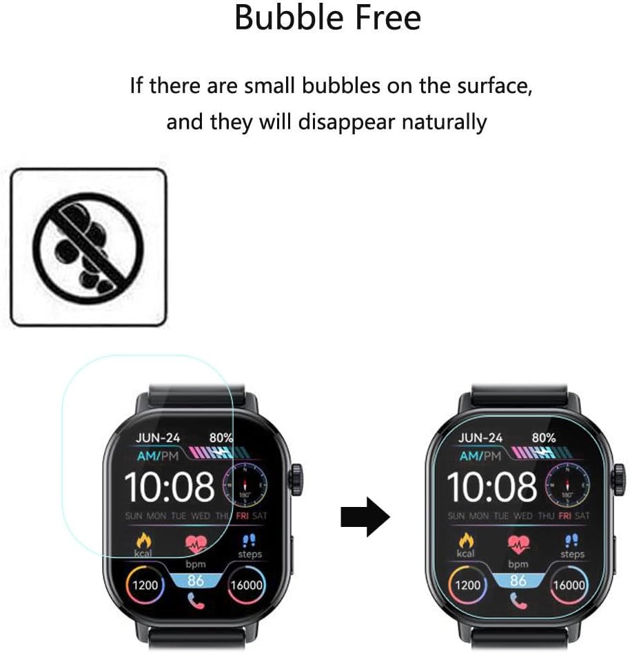 Image showing a smartwatch screen with initial bubbles after application, then clear after they disappear naturally.